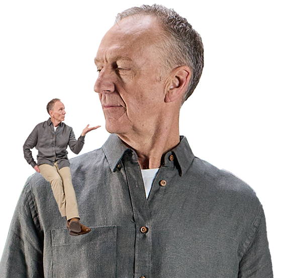 Man looking at mini-him sitting on shoulder representing his inner self